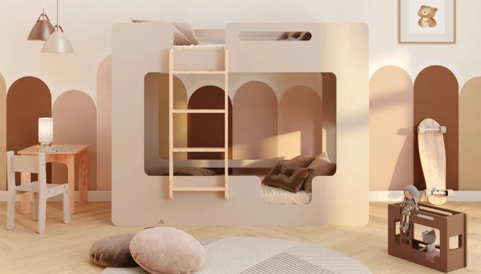 Łóżko piętrowe dla dzieci z barierkami i stelażem MIMI B Montessori Drewniane